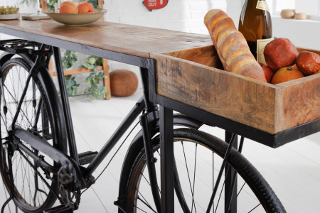 Console rétro BICYCLE 195cm table de bar vélo en bois de manguier up