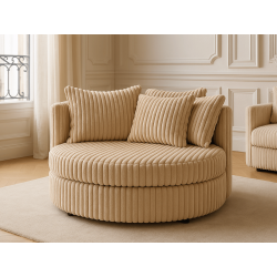 Fauteuil rond en velours côtelé grande épaisseur beige NEVO - Defau