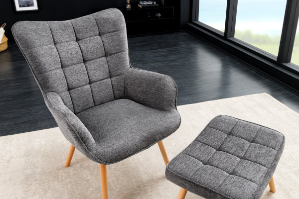 Fauteuil moderne SCANDINAVIA tissu structuré gris pieds en bois massif avec accoudoirs - SCANDINAVIA