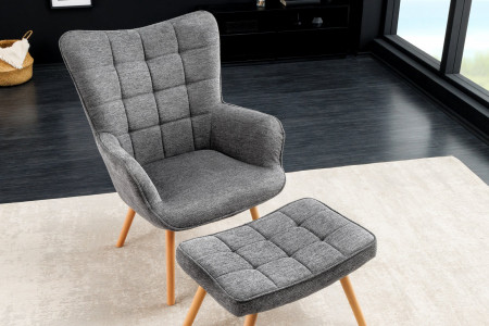 Fauteuil moderne SCANDINAVIA tissu structuré gris pieds en bois massi