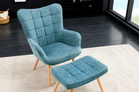 Fauteuil moderne SCANDINAVIA tissu texturé bleu pieds en bois massif 