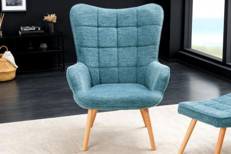 Fauteuil moderne SCANDINAVIA tissu texturé bleu pieds en bois massif 