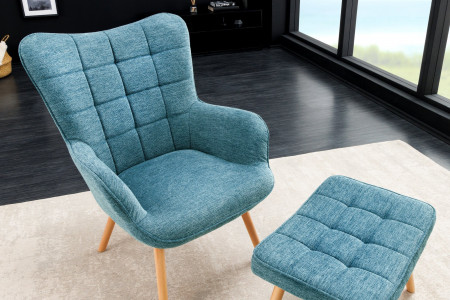 Fauteuil moderne SCANDINAVIA tissu texturé bleu pieds en bois massif 
