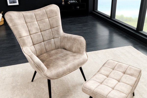 Fauteuil moderne SCANDINAVIA velours beige champagne pieds métal noir avec accoudoirs - SCANDINAVIA
