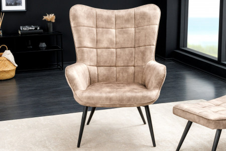 Fauteuil moderne SCANDINAVIA velours beige champagne pieds métal noir