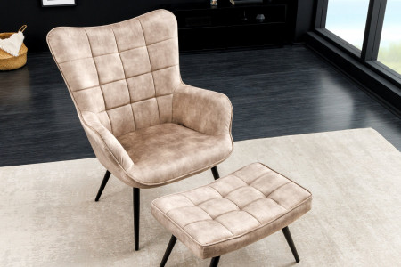 Fauteuil moderne SCANDINAVIA velours beige champagne pieds métal noir