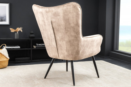 Fauteuil moderne SCANDINAVIA velours beige champagne pieds métal noir