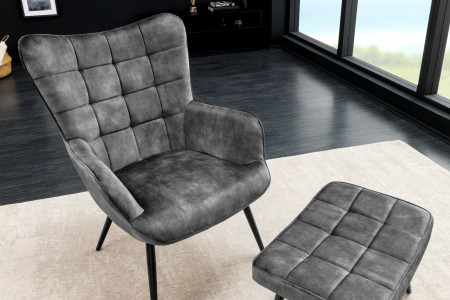 Fauteuil moderne SCANDINAVIA velours gris pieds métal noir avec accou