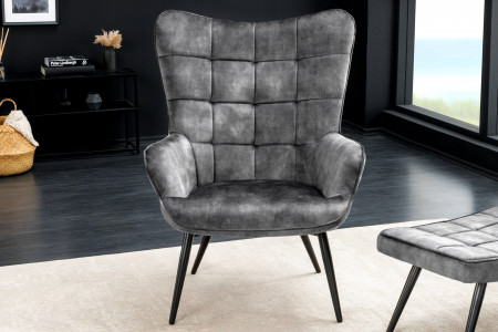 Fauteuil moderne SCANDINAVIA velours gris pieds métal noir avec accou
