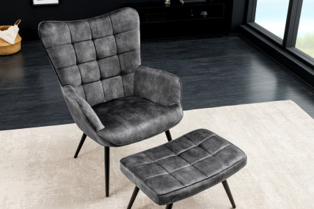 Fauteuil moderne SCANDINAVIA velours gris pieds métal noir avec accou