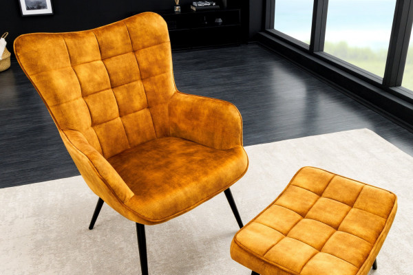 Fauteuil moderne SCANDINAVIA velours jaune moutarde pieds métal noir avec accoudoirs - SCANDINAVIA