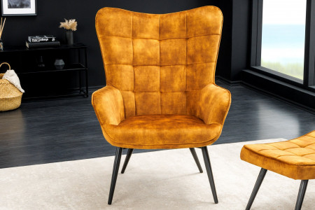 Fauteuil moderne SCANDINAVIA velours jaune moutarde pieds métal noir 