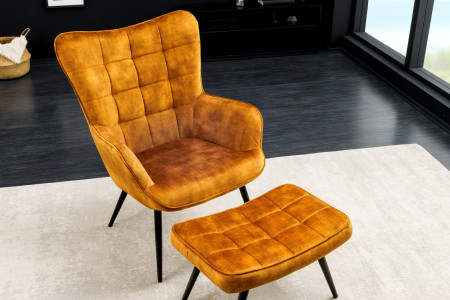 Fauteuil moderne SCANDINAVIA velours jaune moutarde pieds métal noir 