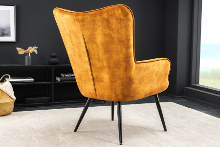 Fauteuil moderne SCANDINAVIA velours jaune moutarde pieds métal noir 
