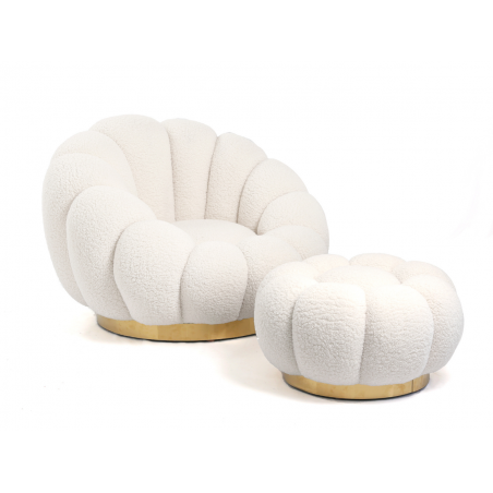Fauteuil pivotant piètement couleur or avec pouf assorti - BLUM - Tissu boucle créme