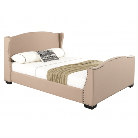 Lit capitonné Christelle en tissu gris avec tête de lit cloutée – Sommier à lattes inclus - 140x190 cm / Tissu beige