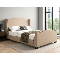 Lit capitonné Christelle en tissu gris avec tête de lit cloutée –