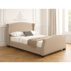 Lit capitonné Christelle en tissu gris avec tête de lit cloutée –