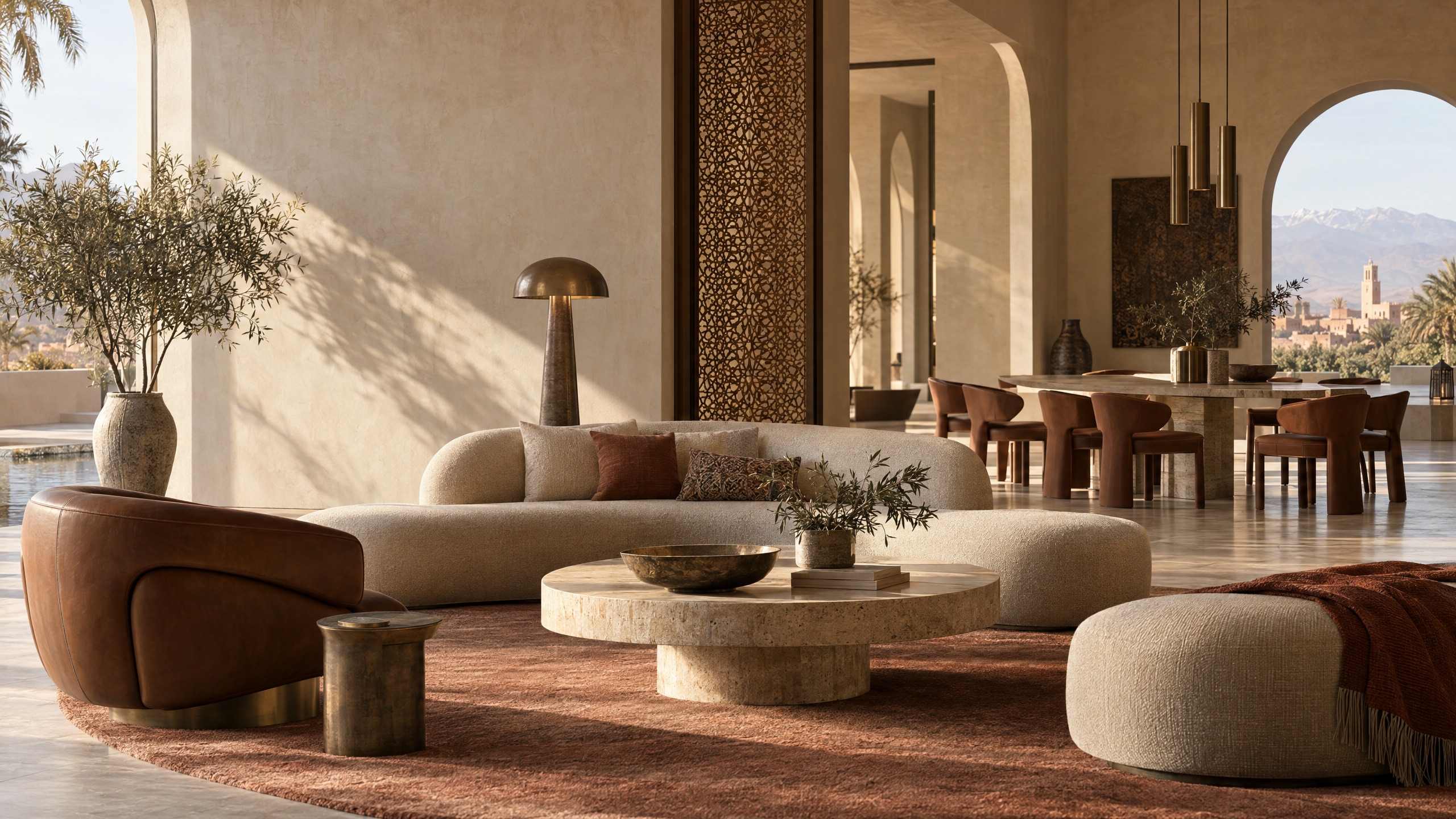 Salon aux assises sculpturales et espace de réception, entre lumière marocaine et lignes italiennes