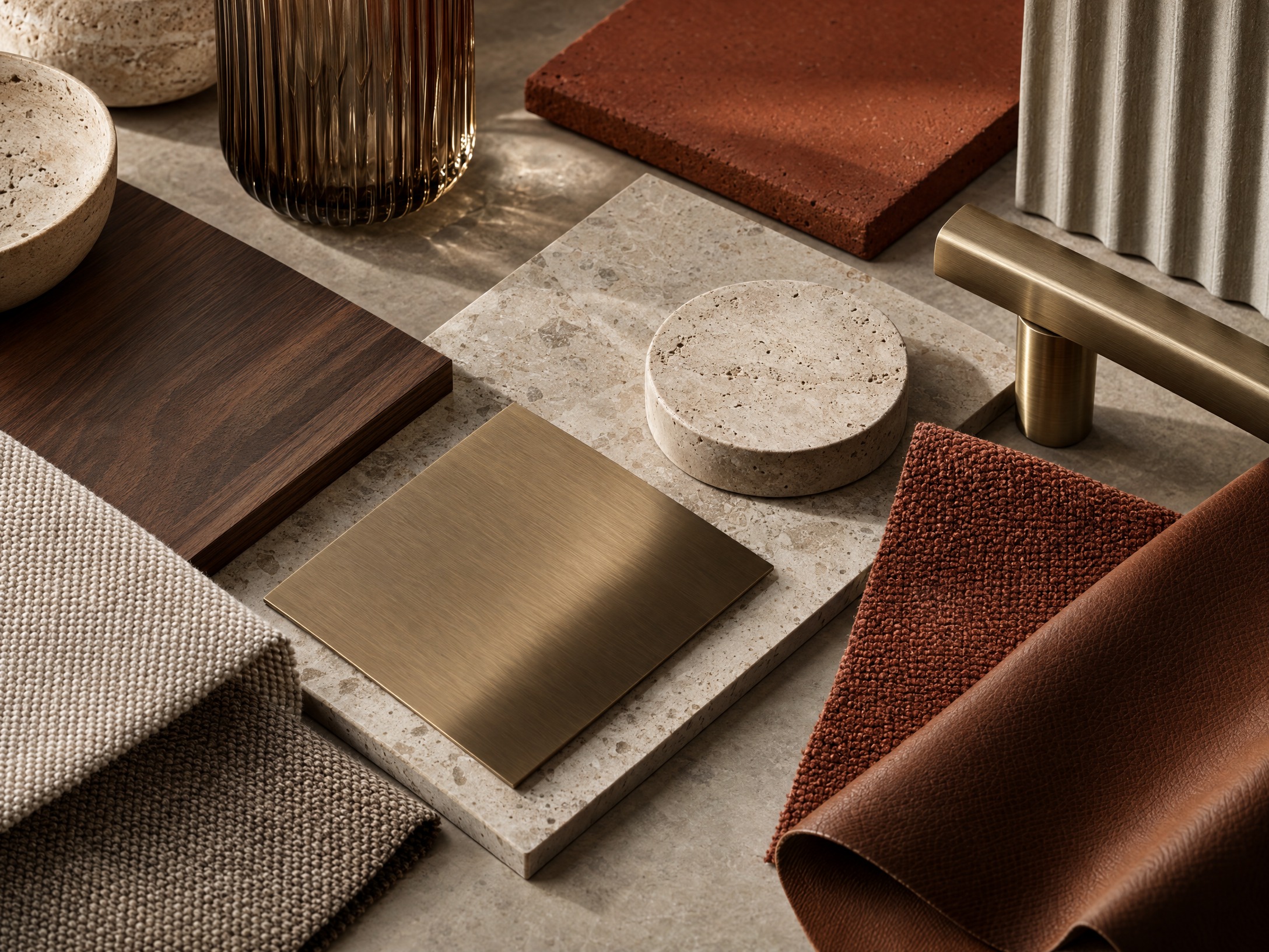 Palette de matières et textures : bois, métal brossé, verre, cuir et textiles